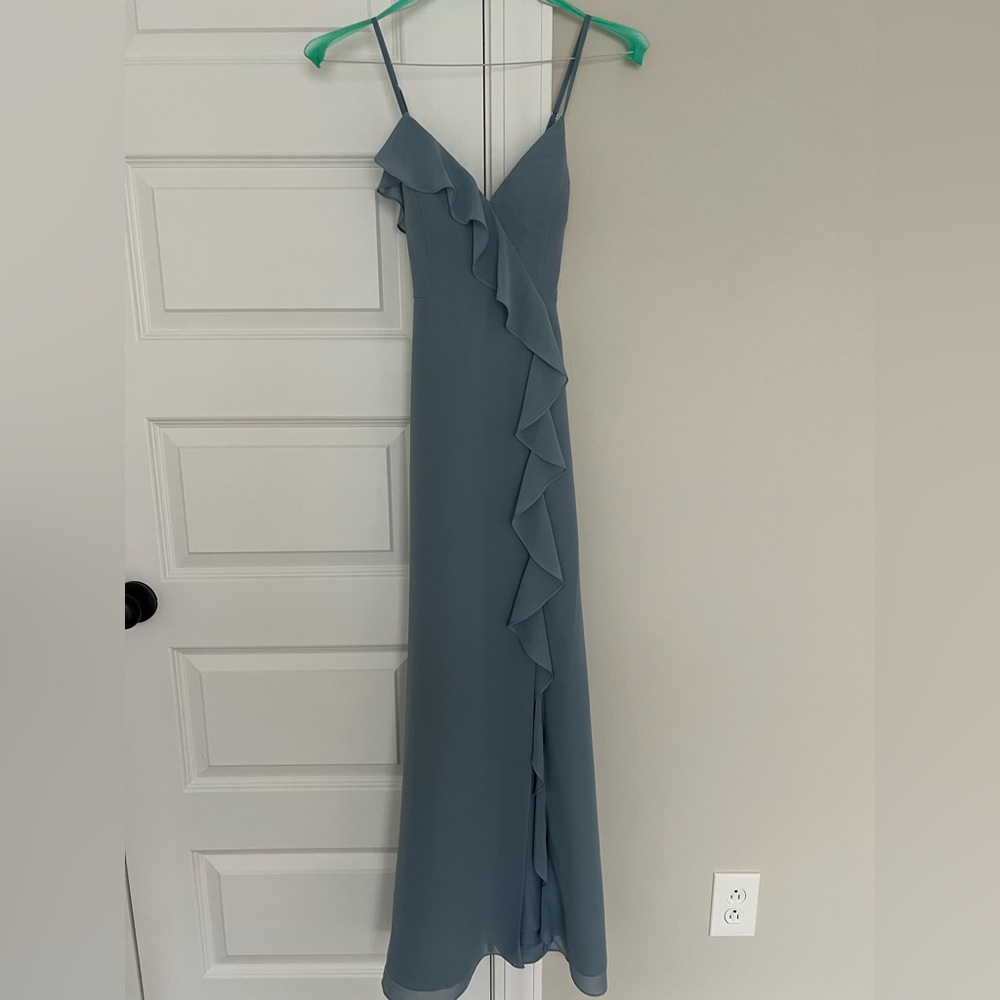 Revelry Blue Asymmetrical Ruffled Gown for Wedding Guest